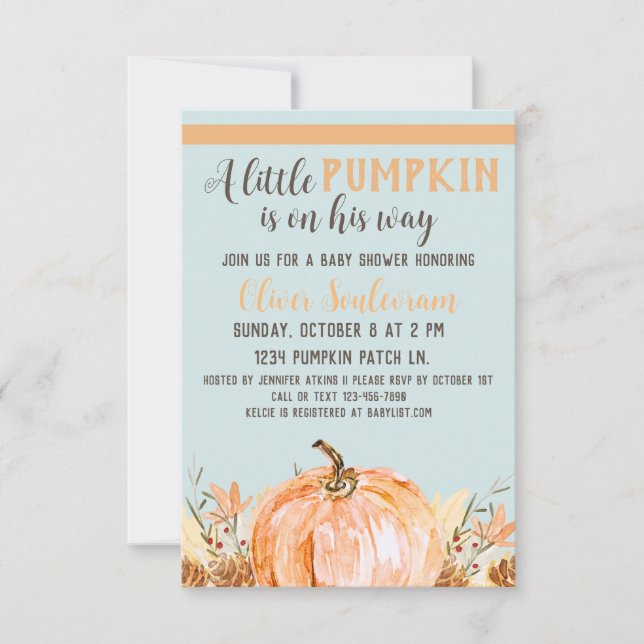 Fall Pumpkin Baby Shower Blue,  Invitation (Front)