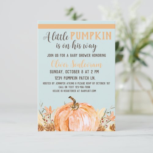 Fall Pumpkin Baby Shower Blue  Invitation