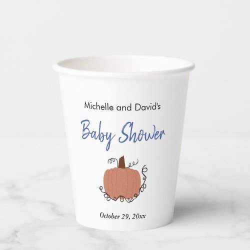 Fall Pumpkin Baby Shower Blue White Paper Cups