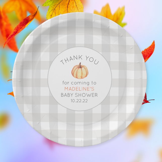 Fall pumpkin baby shower decor, neutral gingham paper plates (Creator Uploaded)