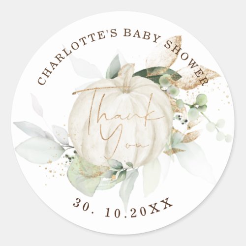 Fall Pumpkin Baby Shower Greenery Gold Favors Classic Round Sticker