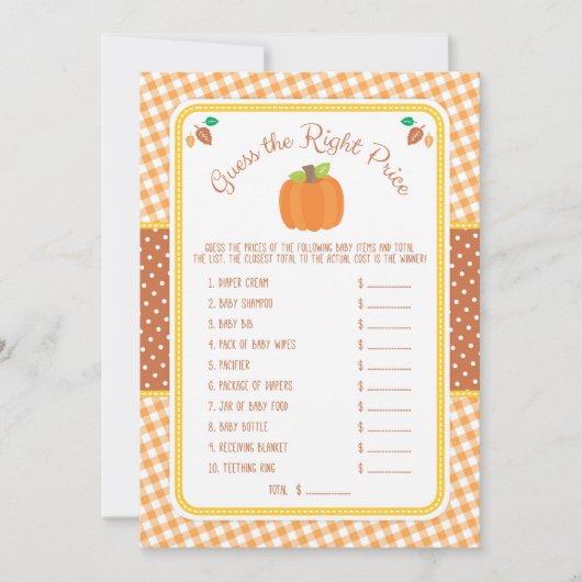 Fall Pumpkin Baby Shower Guess the Price Game Card (Front)