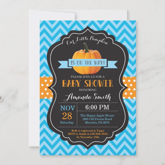 Fall Pumpkin Baby Shower Invitation Blue Chevron (Front)