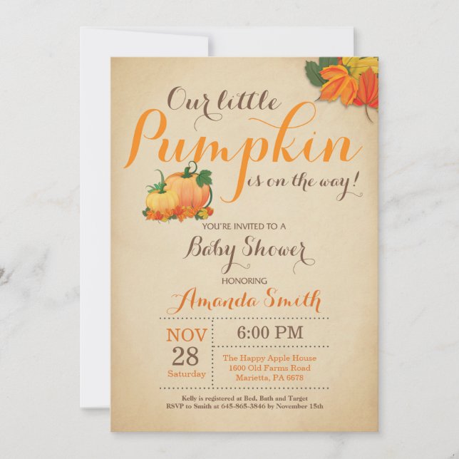 Fall Pumpkin Baby Shower Invitation Orange Brown (Front)