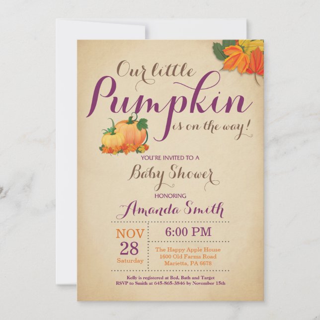 Fall Pumpkin Baby Shower Invitation Orange Purple (Front)