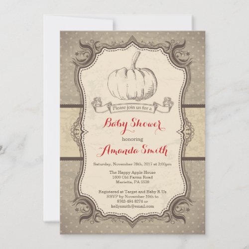 Fall Pumpkin Baby Shower Invitation Vintage Retro