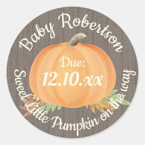 Fall Pumpkin Baby Shower Rustic Classic Round Sticker