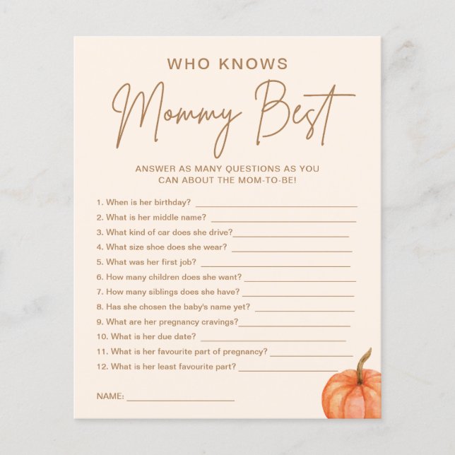 Fall Pumpkin Baby Shower Who Knows Mommy Best Game (Front)