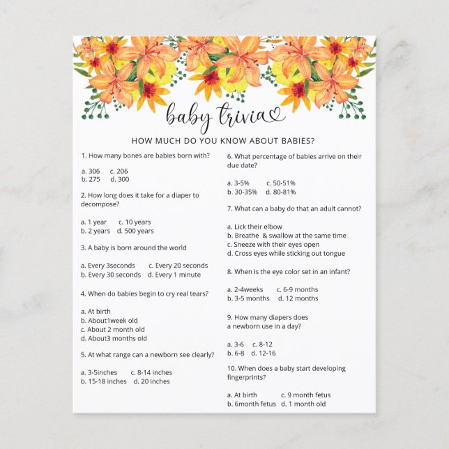 Fall pumpkin Baby Trivia | Baby Shower Game (Front)