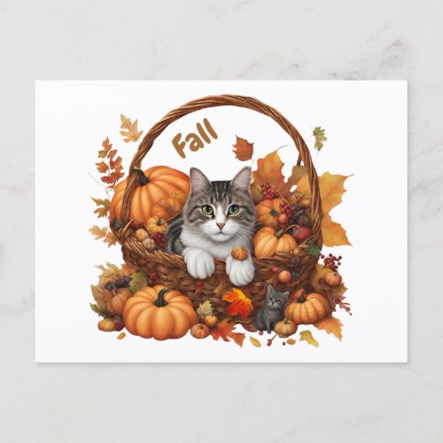 Fall Pumpkin Basket with Cute Cats  Postcard