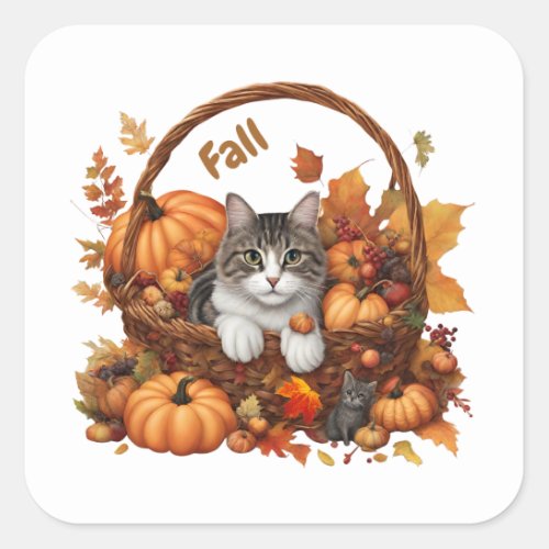 Fall Pumpkin Basket with Cute Cats  Square Sticker