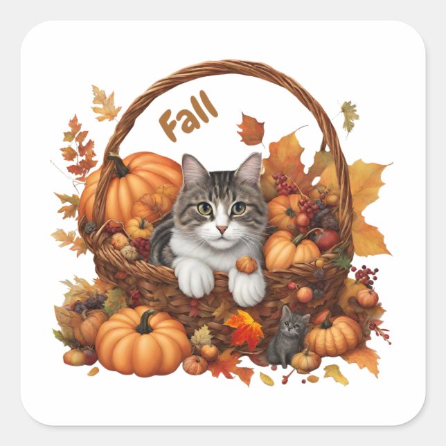 Fall Pumpkin Basket with Cute Cats  Square Sticker (Front)