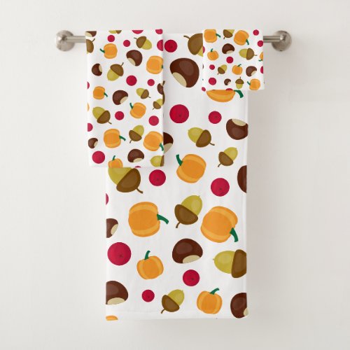 Fall Pumpkin Berries Chestnut Acorn Pattern Bath Towel Set