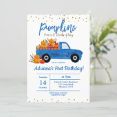 Fall Pumpkin Birthday Invitation autumn blue (Standing Front)