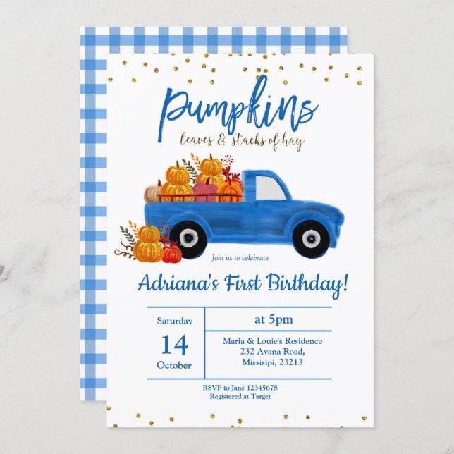 Fall Pumpkin Birthday Invitation autumn blue (Front/Back)