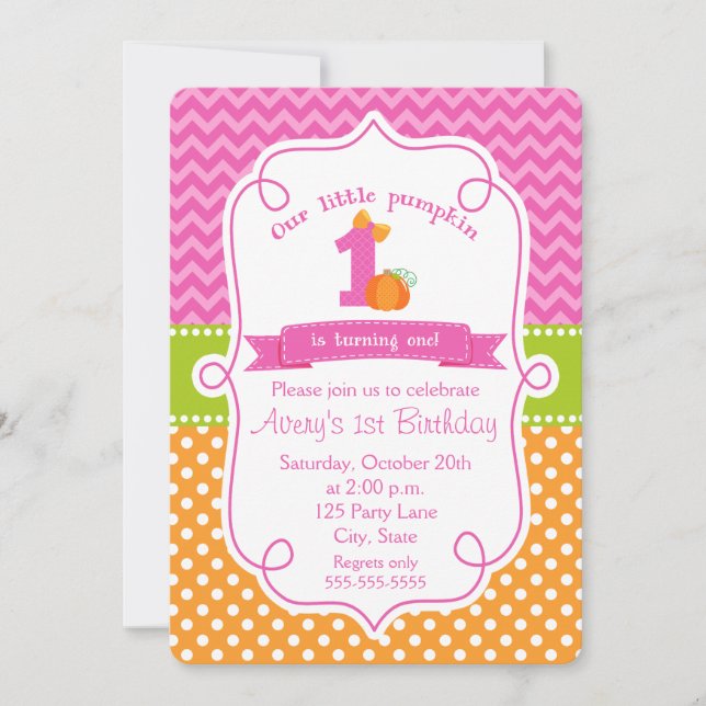 Fall Pumpkin Birthday Invitation, Girl Pumpkin Invitation (Front)