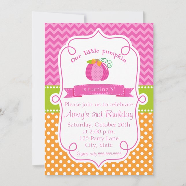 Fall Pumpkin Birthday Invitation, Pink Pumpkin Invitation (Front)