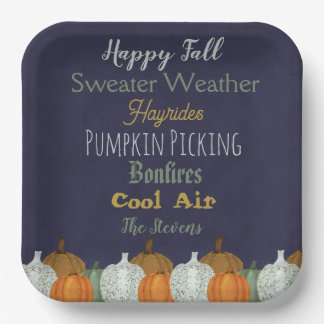 Fall Pumpkin blue background party invitation Paper Plates