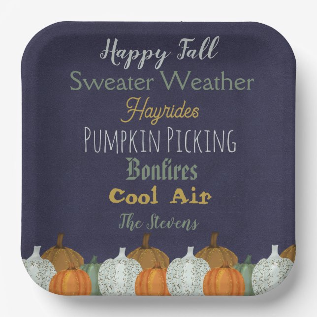 Fall Pumpkin blue background party invitation Paper Plates (Front)