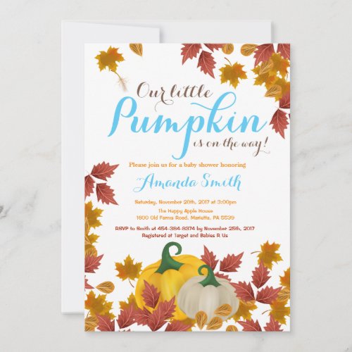 Fall Pumpkin Blue Boy Baby Shower invitation