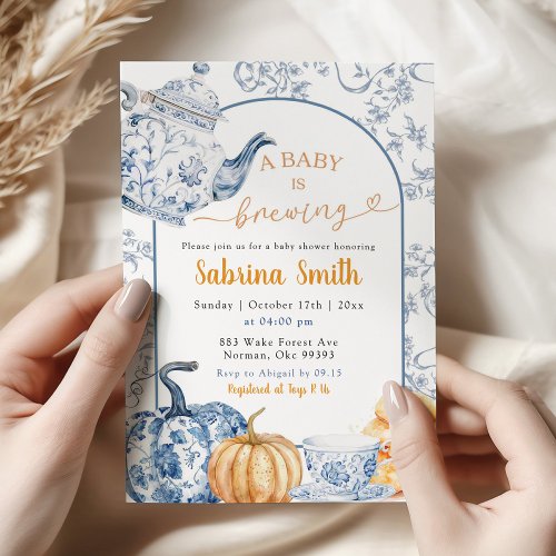 Fall Pumpkin Blue Chinoiserie Baby is Brewing Invitation