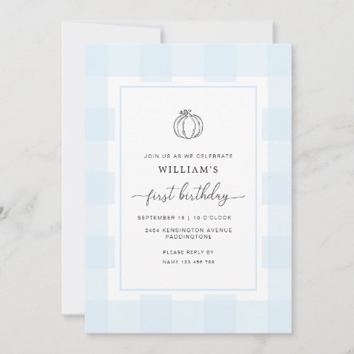 Fall Pumpkin Blue Gingham 1st Birthday Invitation