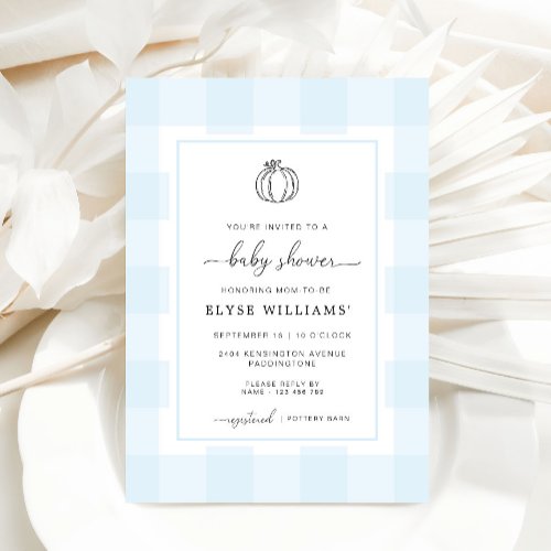 Fall Pumpkin Blue Gingham Baby Shower Invitation