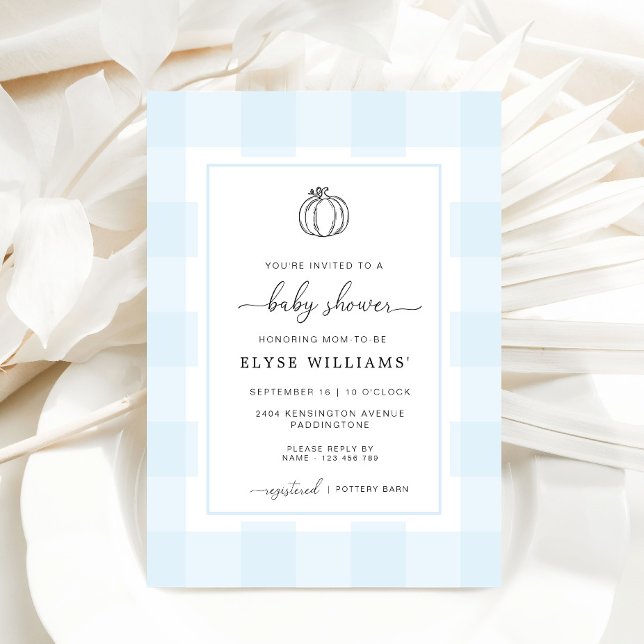 Fall Pumpkin Blue Gingham Baby Shower Invitation (Creator Uploaded)