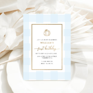 Fall Pumpkin Blue Gingham Birthday Foil Invitation