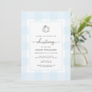 Fall Pumpkin Blue Gingham Christening Invitation