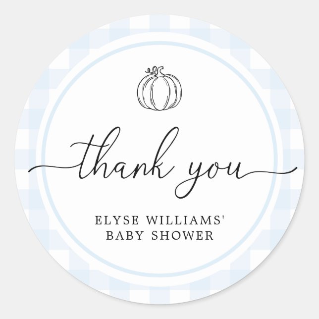 Fall Pumpkin Blue Gingham Shower Favor Sticker (Front)