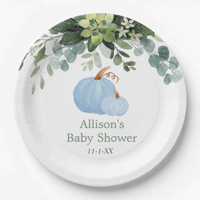 Fall pumpkin blue greenery eucalyptus baby shower paper plates (Front)