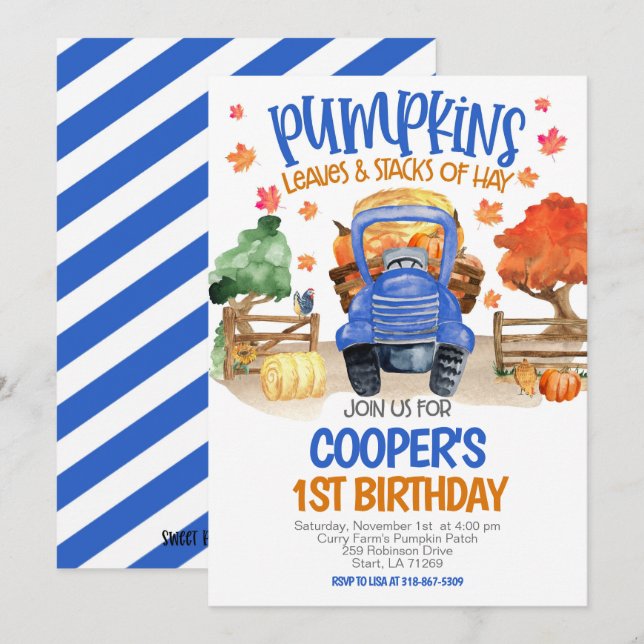 Fall Pumpkin Blue Tractor Boys Birthday Invitation (Front/Back)