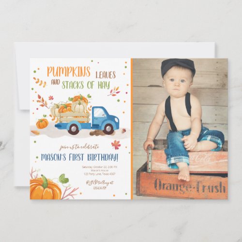 Fall Pumpkin Blue Truck Orange Green Boy Birthday Invitation