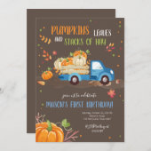 Fall Pumpkin Blue Truck Orange Green Boy Birthday Invitation (Front/Back)