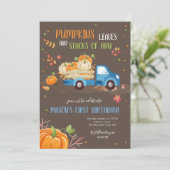 Fall Pumpkin Blue Truck Orange Green Boy Birthday Invitation (Standing Front)