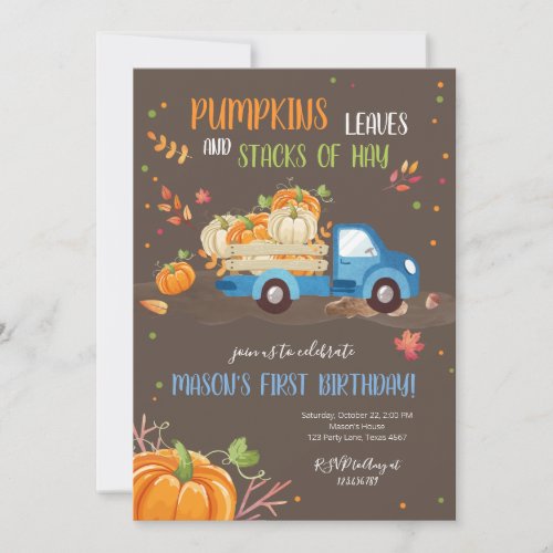 Fall Pumpkin Blue Truck Orange Green Boy Birthday Invitation