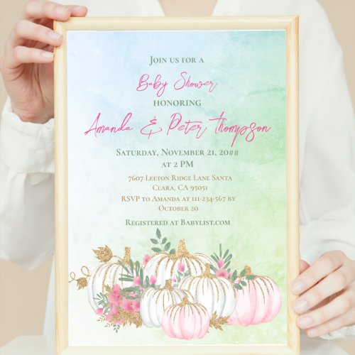 Fall Pumpkin Blush Pink Gold Green Baby Shower Invitation