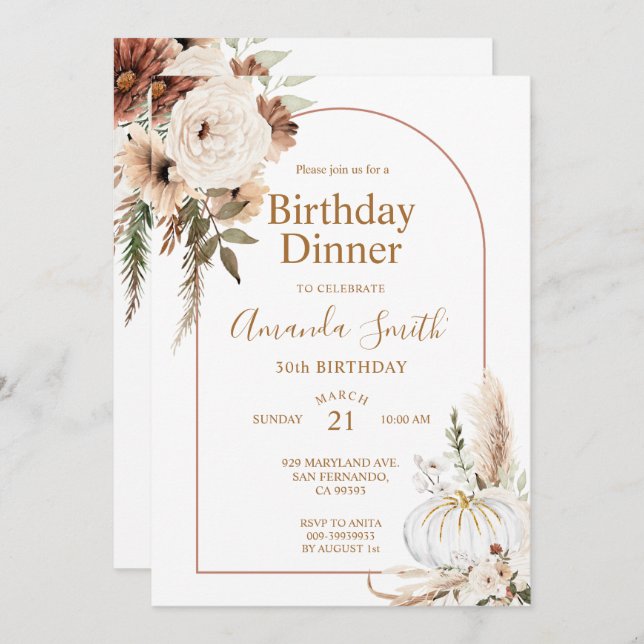 Fall Pumpkin Boho Arch Floral Birthday 30th Dinner Invitation (Front/Back)