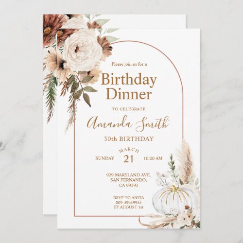 Fall Pumpkin Boho Arch Floral Birthday 30th Dinner Invitation