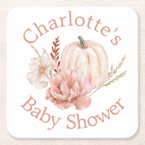 Fall Pumpkin Boho Floral Baby Shower Square Paper Coaster