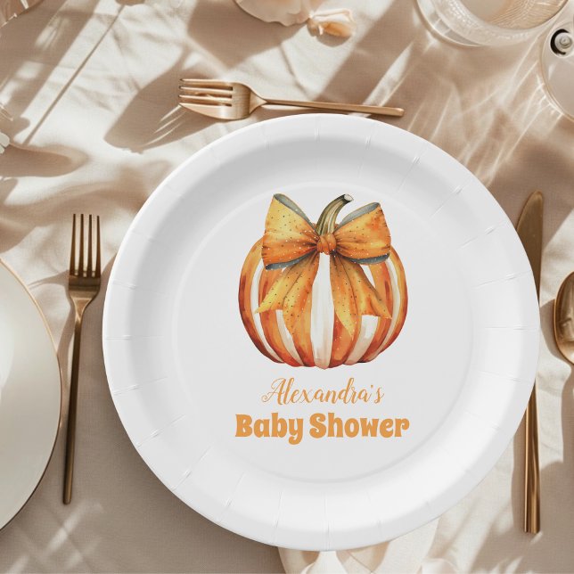Fall Pumpkin Bow Girl Baby Shower Paper Plates (Creator Uploaded)