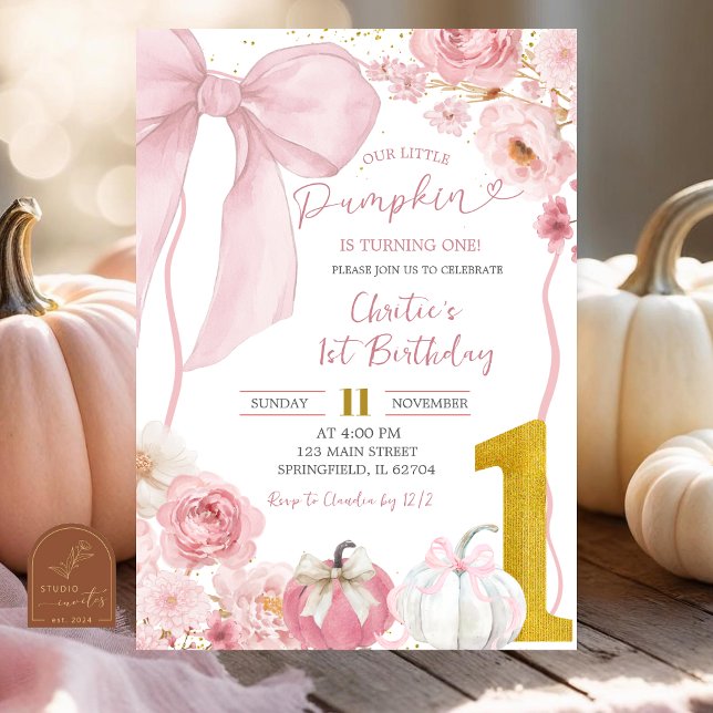 Fall Pumpkin Bow Pink Coquette Floral Birthday Invitation (Creator Uploaded)