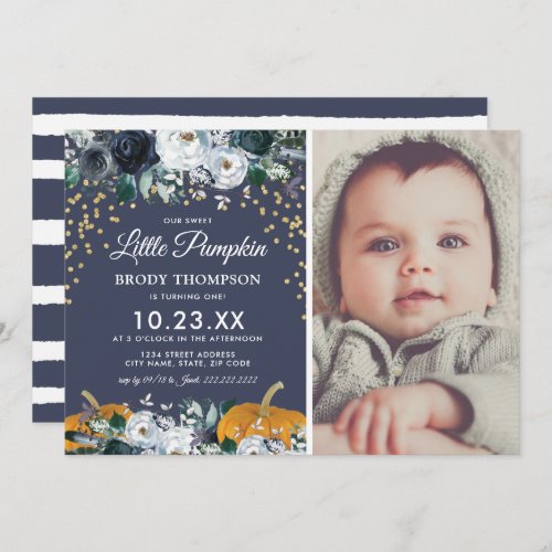 Fall Pumpkin Boy 1st Birthday Party Invitation - Autumn boy birthday invitations featuring a photo of your child, watercolor blue flowers, a sweet pumpkin, faux gold glitter, and a modern birthday party template that is easy to personalize.
