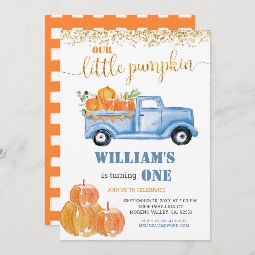 Fall Pumpkin Boy First little blue truck birthday Invitation