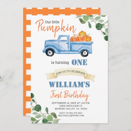 Fall Pumpkin Boy First little blue truck birthday Invitation