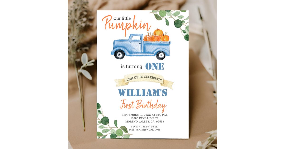 Fall Pumpkin Boy First little blue truck birthday Invitation | Zazzle