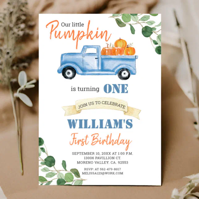 Fall Pumpkin Boy First little blue truck birthday Invitation | Zazzle