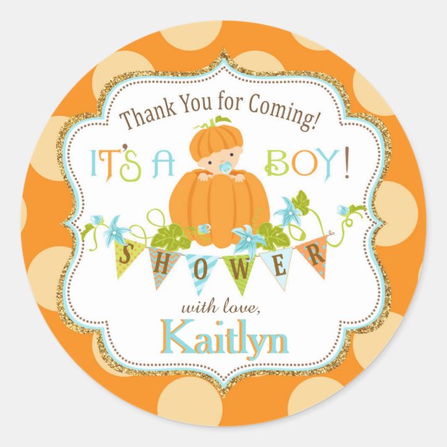 Fall Pumpkin Boy Gold Glitter Baby Shower Classic Round Sticker (Front)