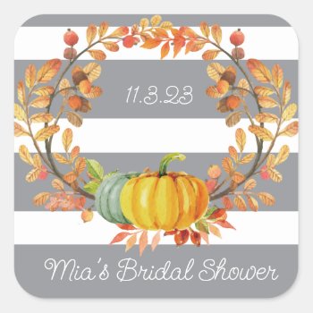 Fall Pumpkin Bridal Shower Square Sticker by ThreeFoursDesign at Zazzle